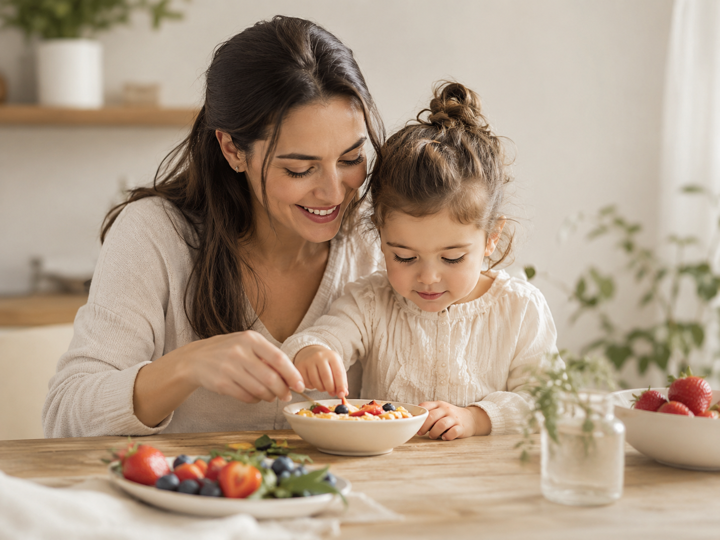 Mãe e filha a partilhar uma refeição saudável com fruta fresca